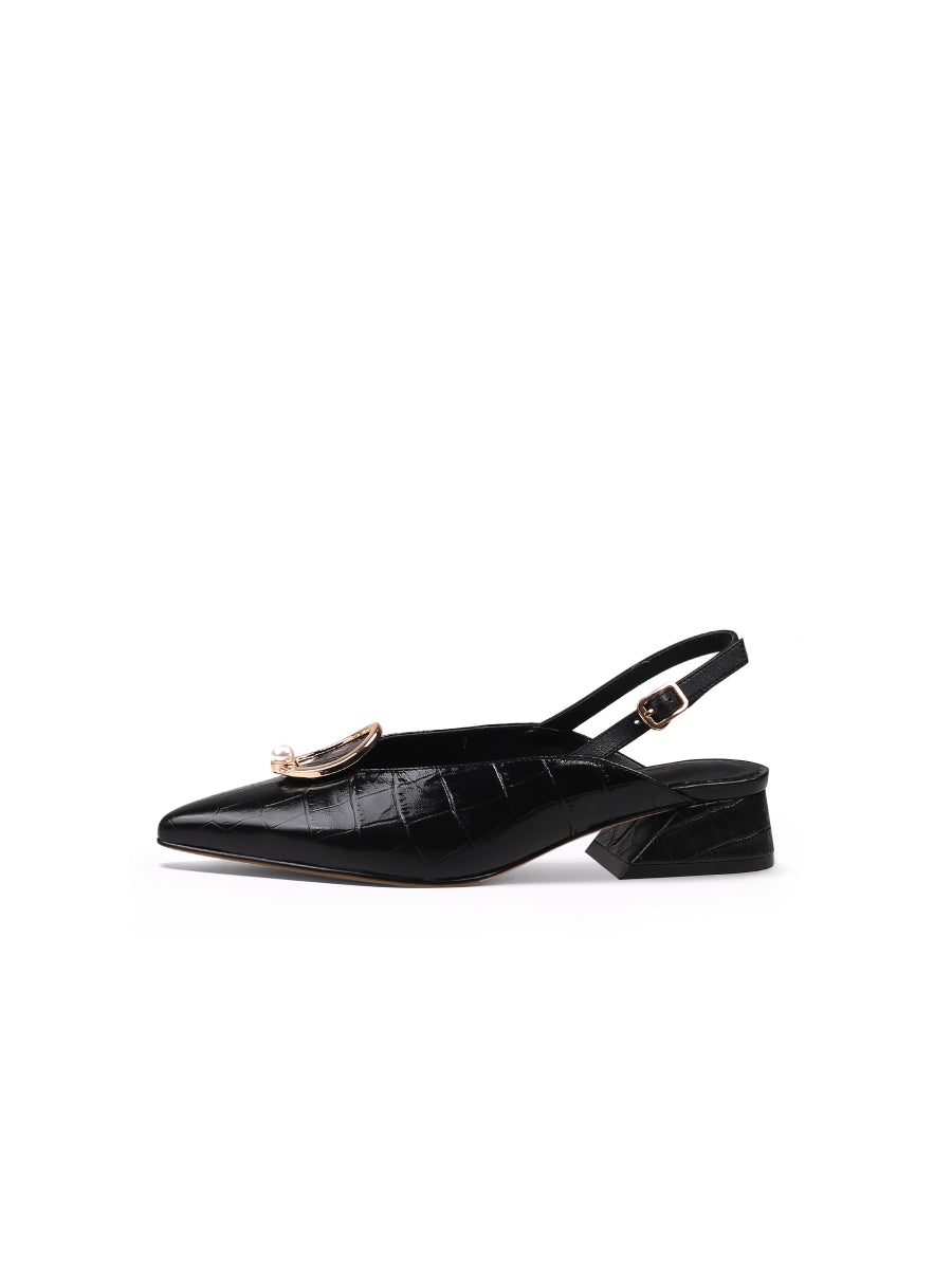 JadyRose | Pearl Ring Deco Croc-Embossed Leather Slingback Black