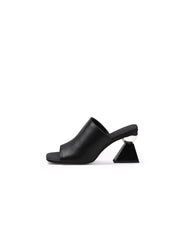 JadyRose | Black Triangular-Crystal Mid Heel Leather Open Toe Mules Sandals