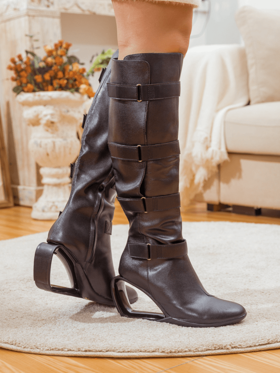 Jady Rose | Strappy Buckle Elevator Heel Knee-High Leather Boot