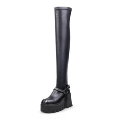 JADY ROSE | LUG SOLE CHAIN STRAP OVER KNEE LEATHER BOOT - BLACK