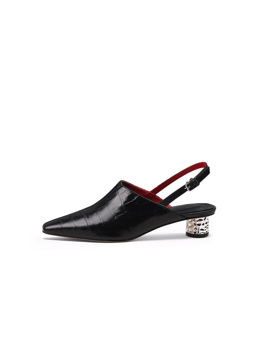 JadyRose | Strap-Detail Crystal Heel Leather D'Orsay  Point Toe Pumps Sandals Loafers- Black