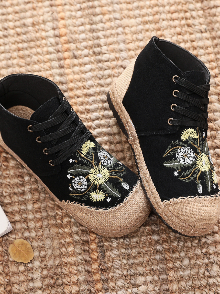 Cactus Rose | Embroidered Dandelion Round Toe Hi-Top Sneakers Espadrilles