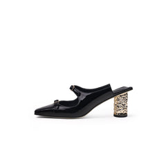 JadyRose | Bar-Accent Golden Mid Heel Leather Mules Loafers- Black