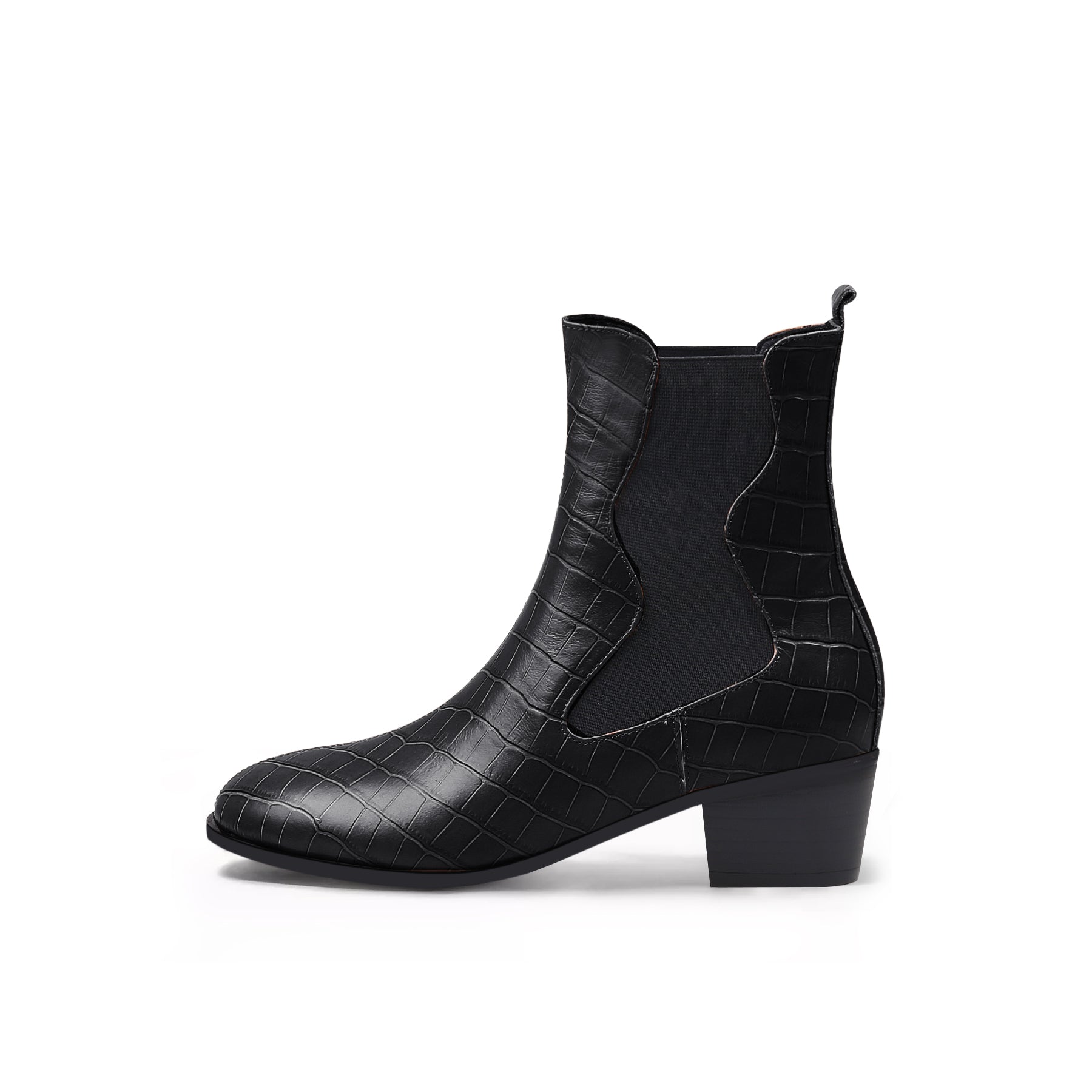 JADY ROSE | BLOCK HEEL CROC PATTERN LEATHER CHELSEA BOOTIE - BLACK