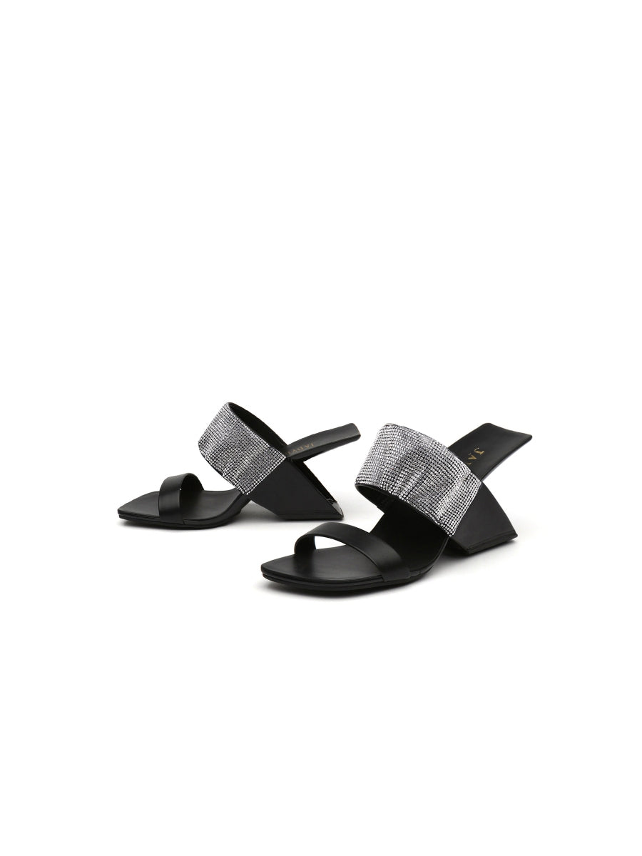 JadyRose | KARINA Rhinestone Black Leather Wedge Sandal