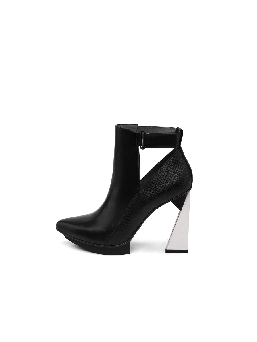 JadyRose | Triangled Heel Cut Out High Heel Leather Boots - Black