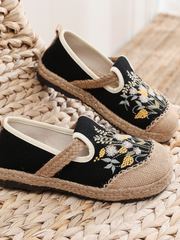 Cactus Rose | Field Corn Embroidered Linen Round Toe Espadrilles Loafers - Black