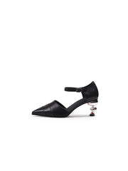 JadyRose | Smiley Patterned Detail Belted Women's Mid Heeled Point Toe Sling Back Pumps Sandals - Black