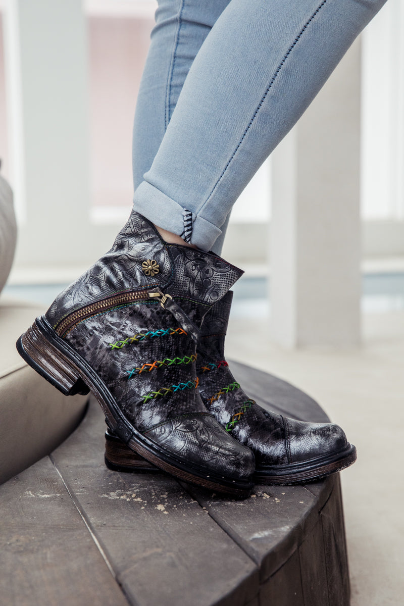 SOFFIA | Genuine Leather Rainbow Stitch Floral Embossed Ankle Boots