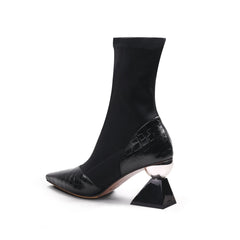 JADY ROSE | BLOCK HEEL CROC PATTERN LEATHER SOCK BOOT - BLACK