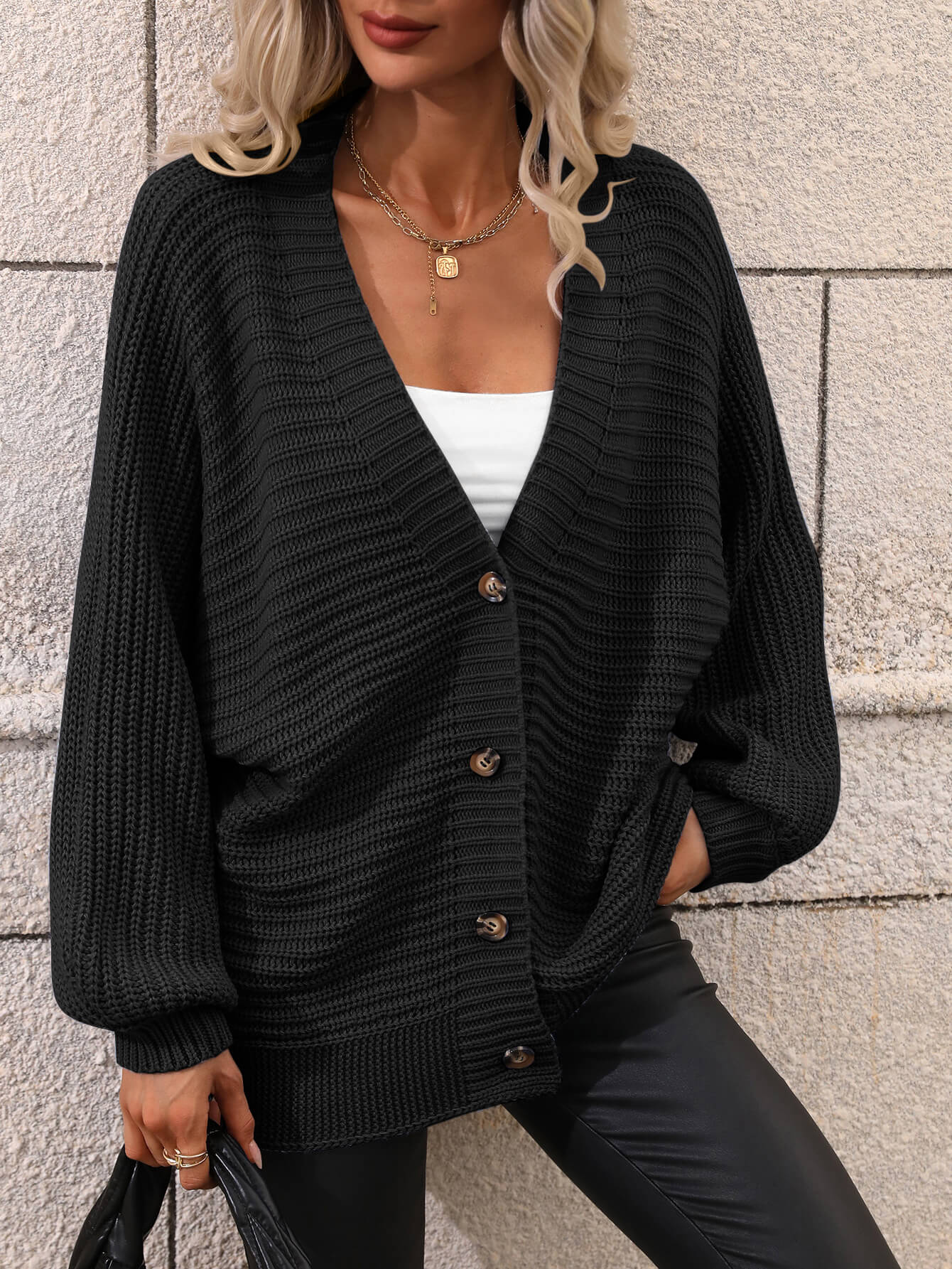 BUTTON UP OVERSIZED KNIT CARDIGAN - BLACK