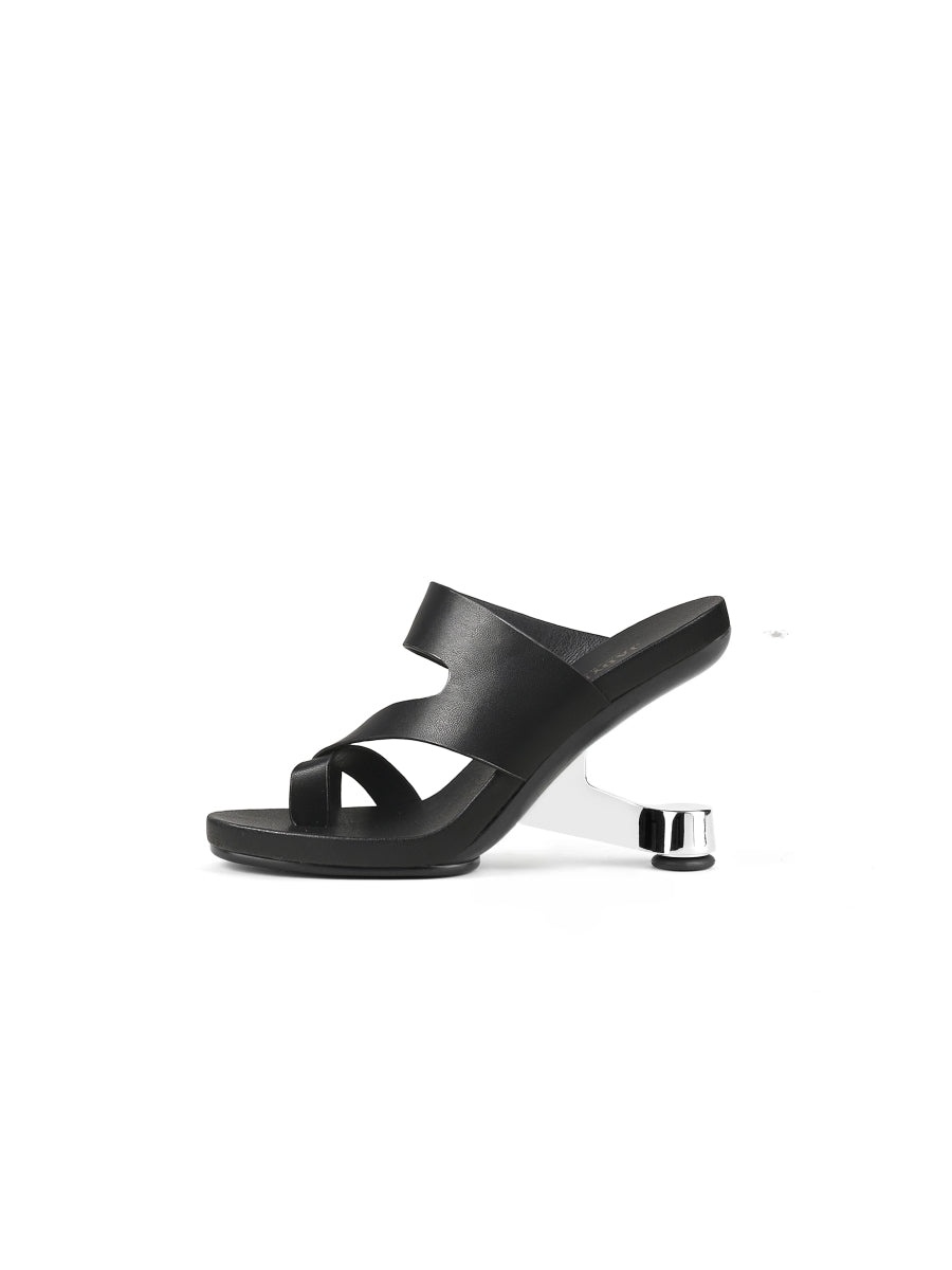 JadyRose | Black Criss-Cross Toe Elevator Heel Leather Slides