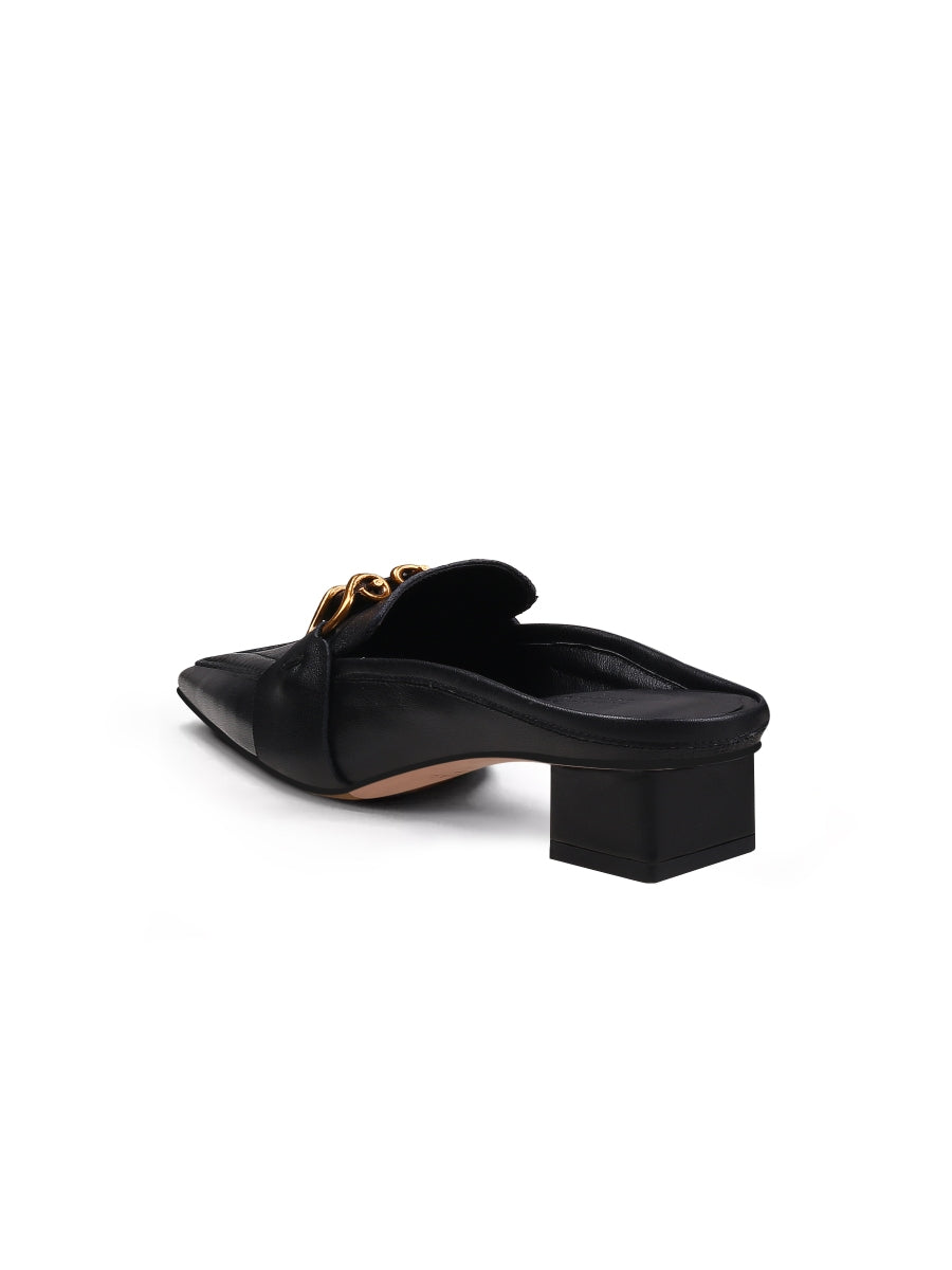 JadyRose | Genuine Leather Golden Lock Chain Mules Sandals - Black