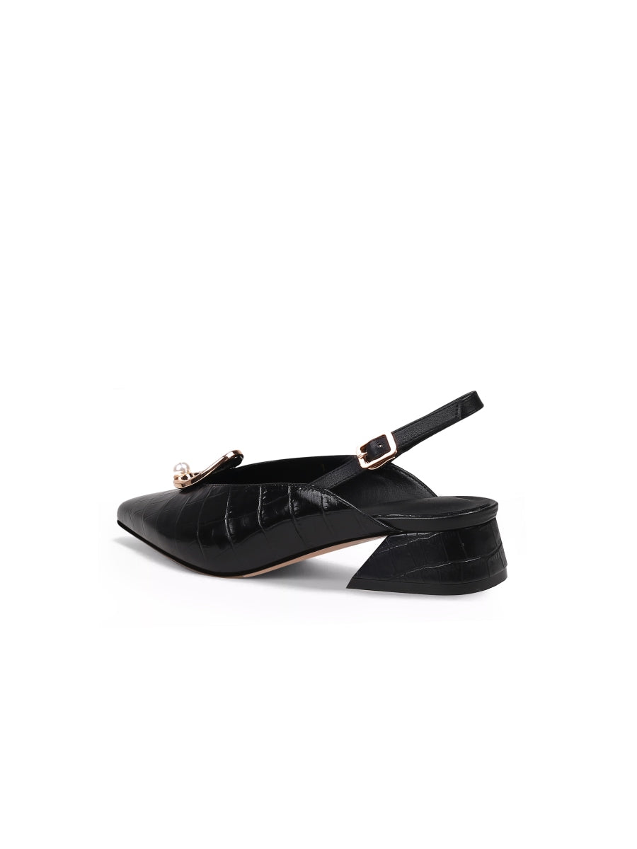 JadyRose | Pearl Ring Deco Croc-Embossed Leather Slingback Black