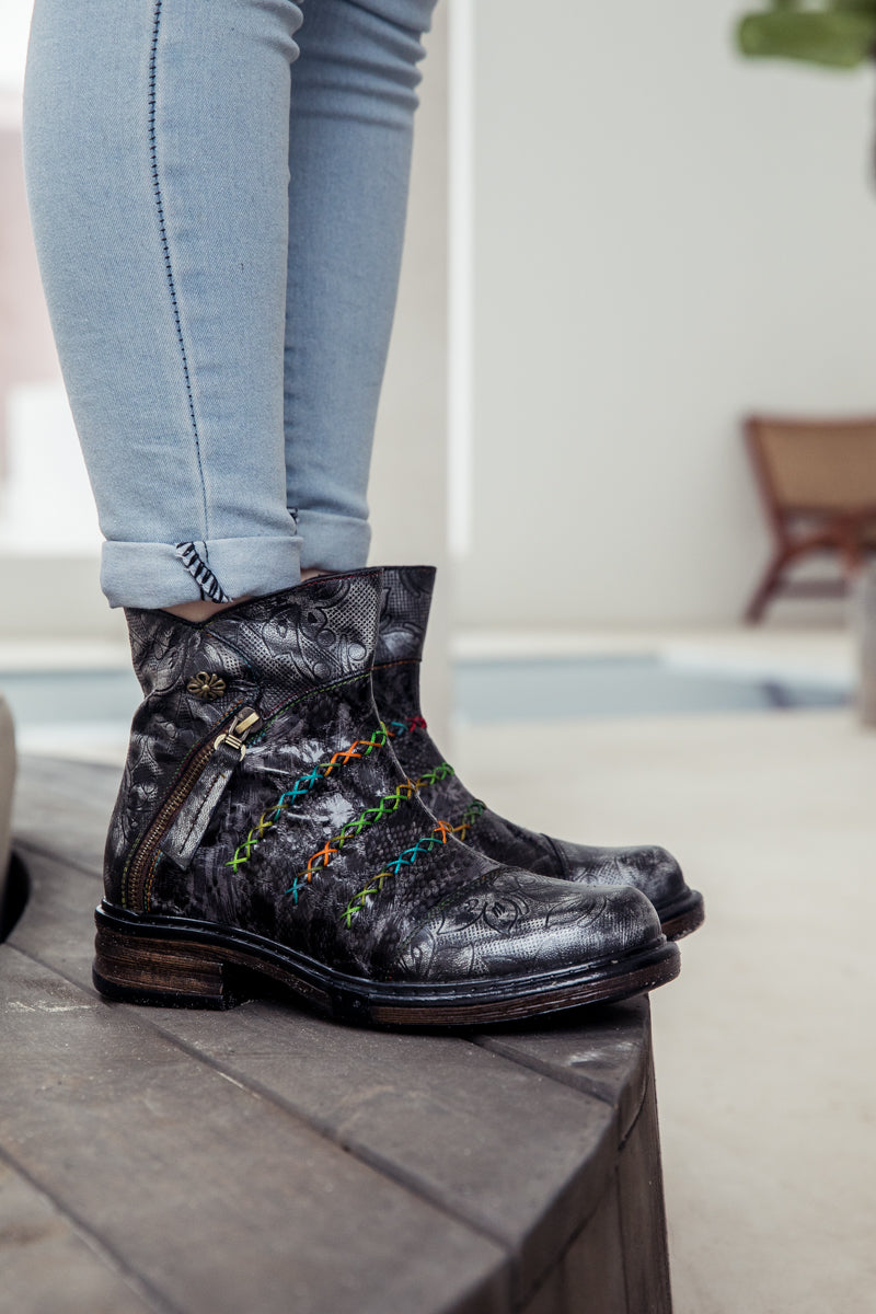 SOFFIA | Genuine Leather Rainbow Stitch Floral Embossed Ankle Boots