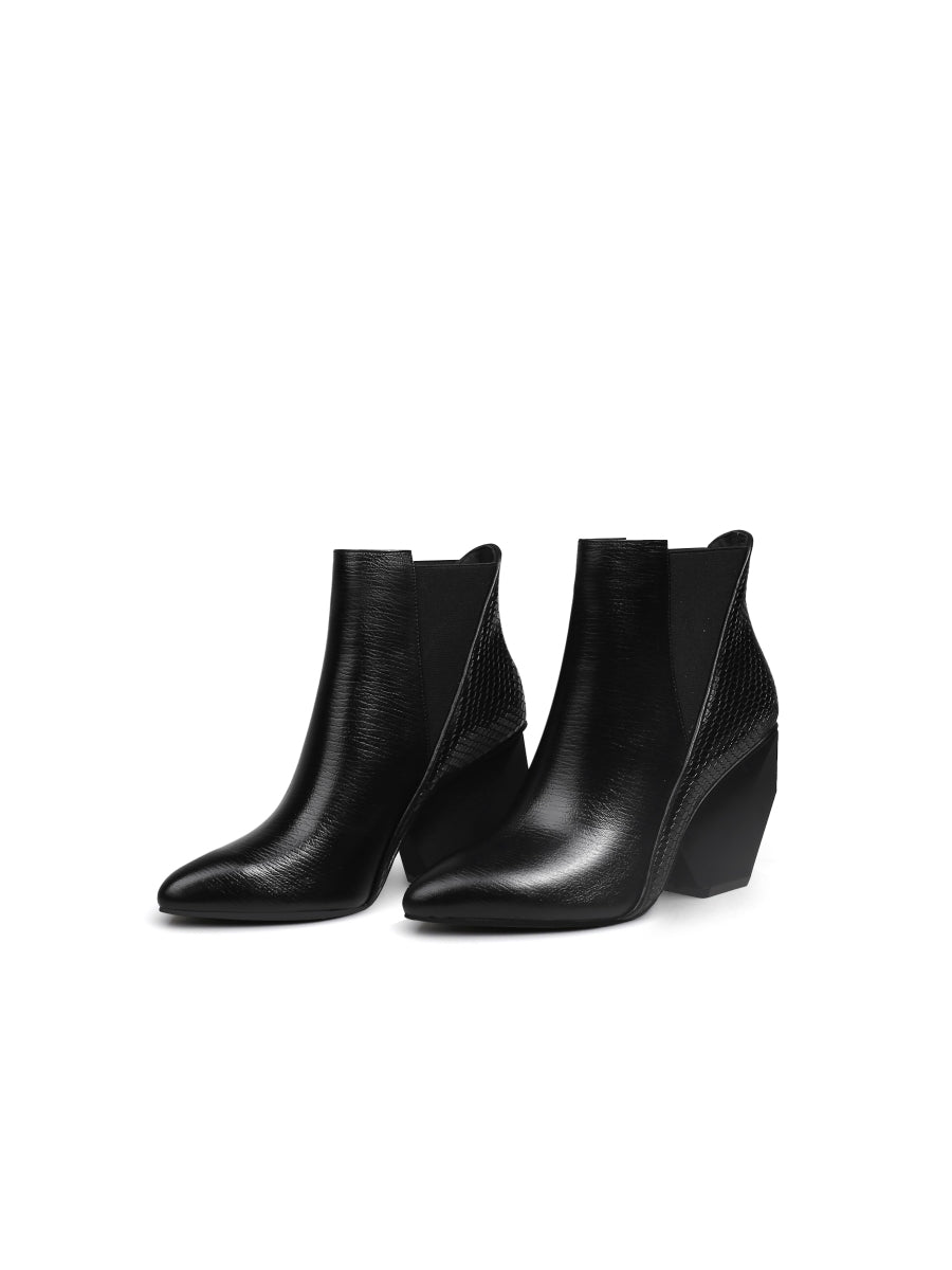 JadyRose | Black Texture Geometry Mid Heel Leather Chelsea Boots Ankle Boots