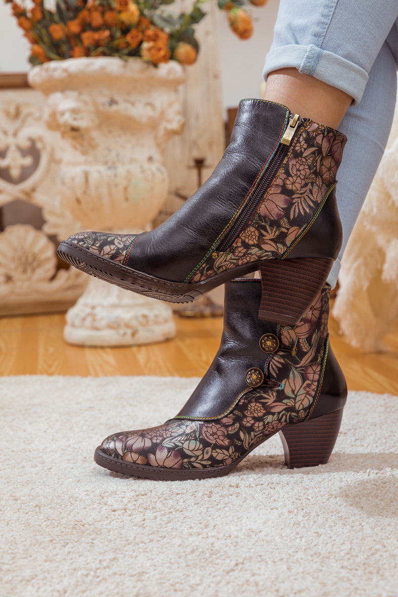 SOFFIA | FLORAL BUTTON-ACCENT BLACK LEATHER ANKLE BOOT