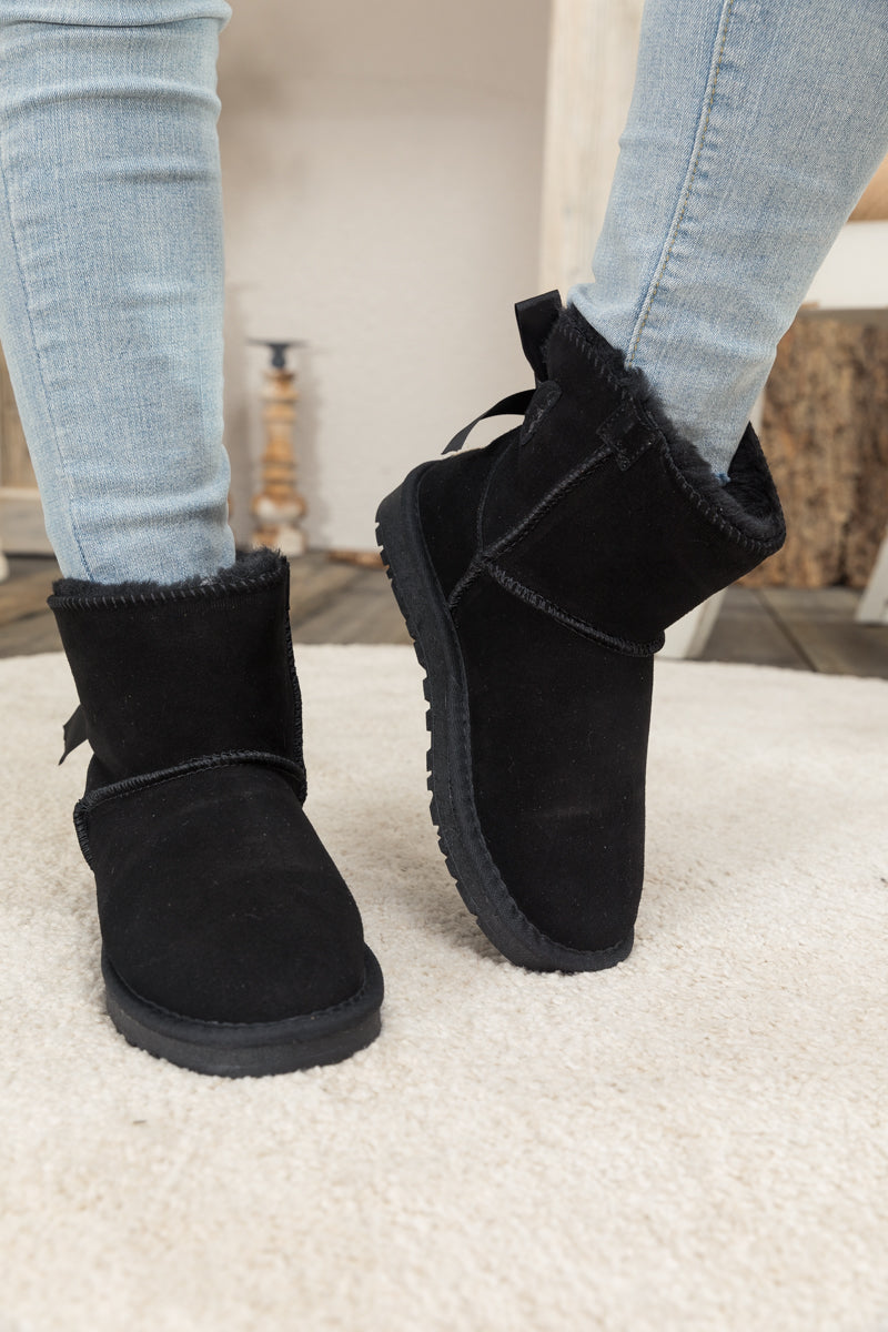 SMAIBULUN Ugg | Ribbon Bow Faux Fur-Lined Mini Ugg Boots