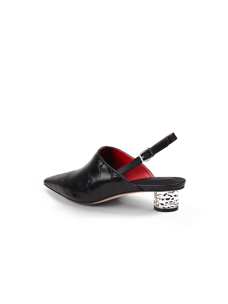 JadyRose | Strap-Detail Crystal Heel Leather D'Orsay  Point Toe Pumps Sandals Loafers- Black