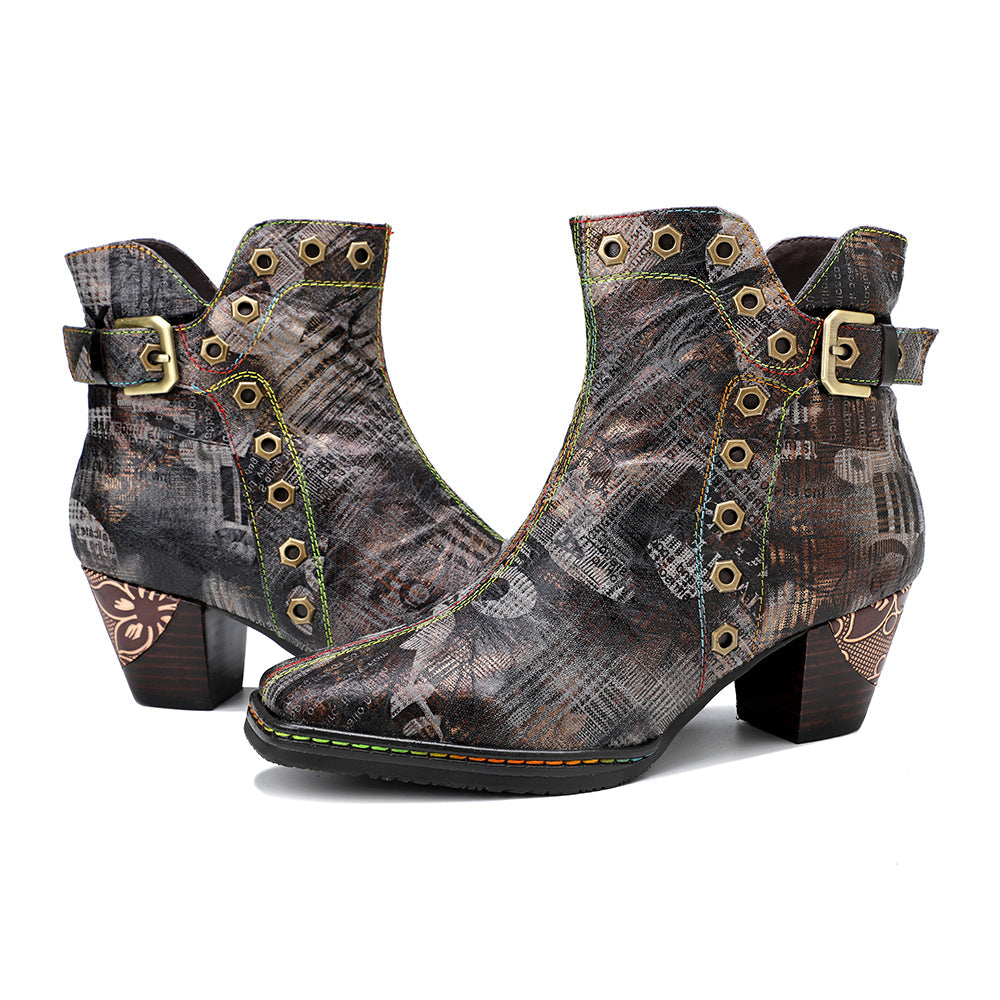 SOFFIA | Antique Prints With Metallic Stud Moto Boot