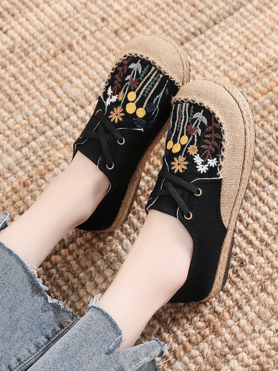 Cactus Rose | Garden Embroidered Linen Boat Shoes Espadrilles - Black