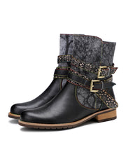 SOFFIA | Genuine Leather Gold Floral Embossed Strap  Moto Boots