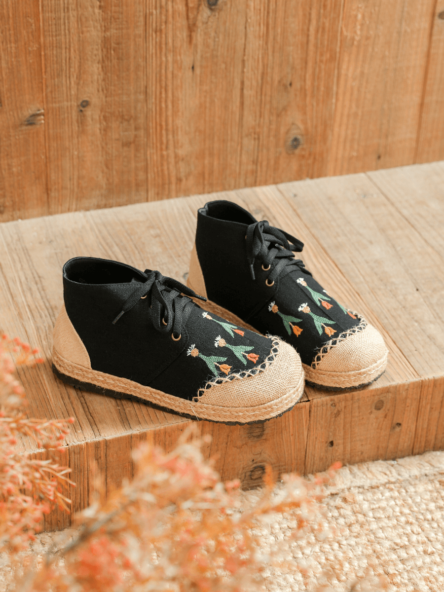 CACTUS ROSE | BLACK RETRO EMBROIDERED LINEN SNEAKER