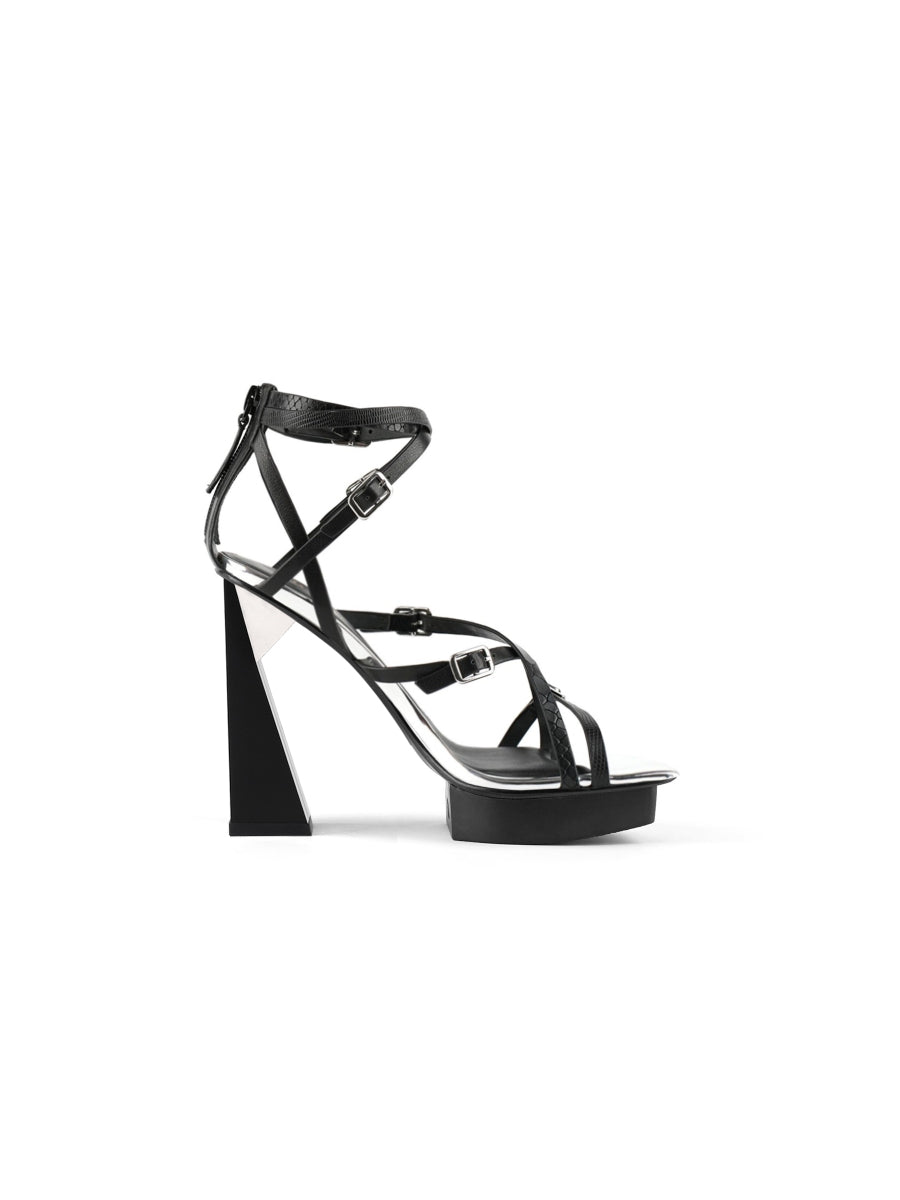 JadyRose | Acute Triangle Heel Genuine Leather Strap Heel - Black