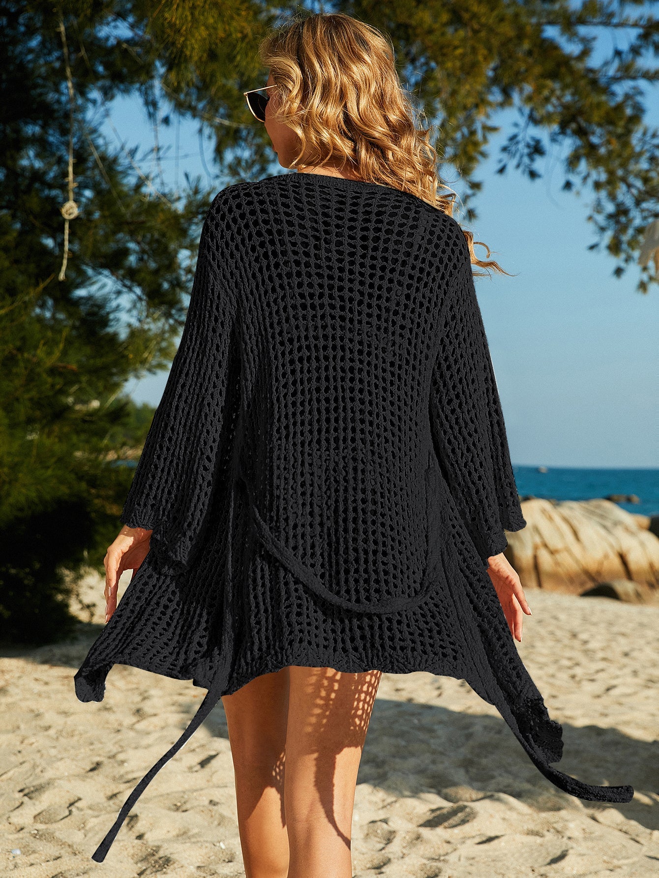 DELTA CROCHET KNIT CARDIGAN - BLACK