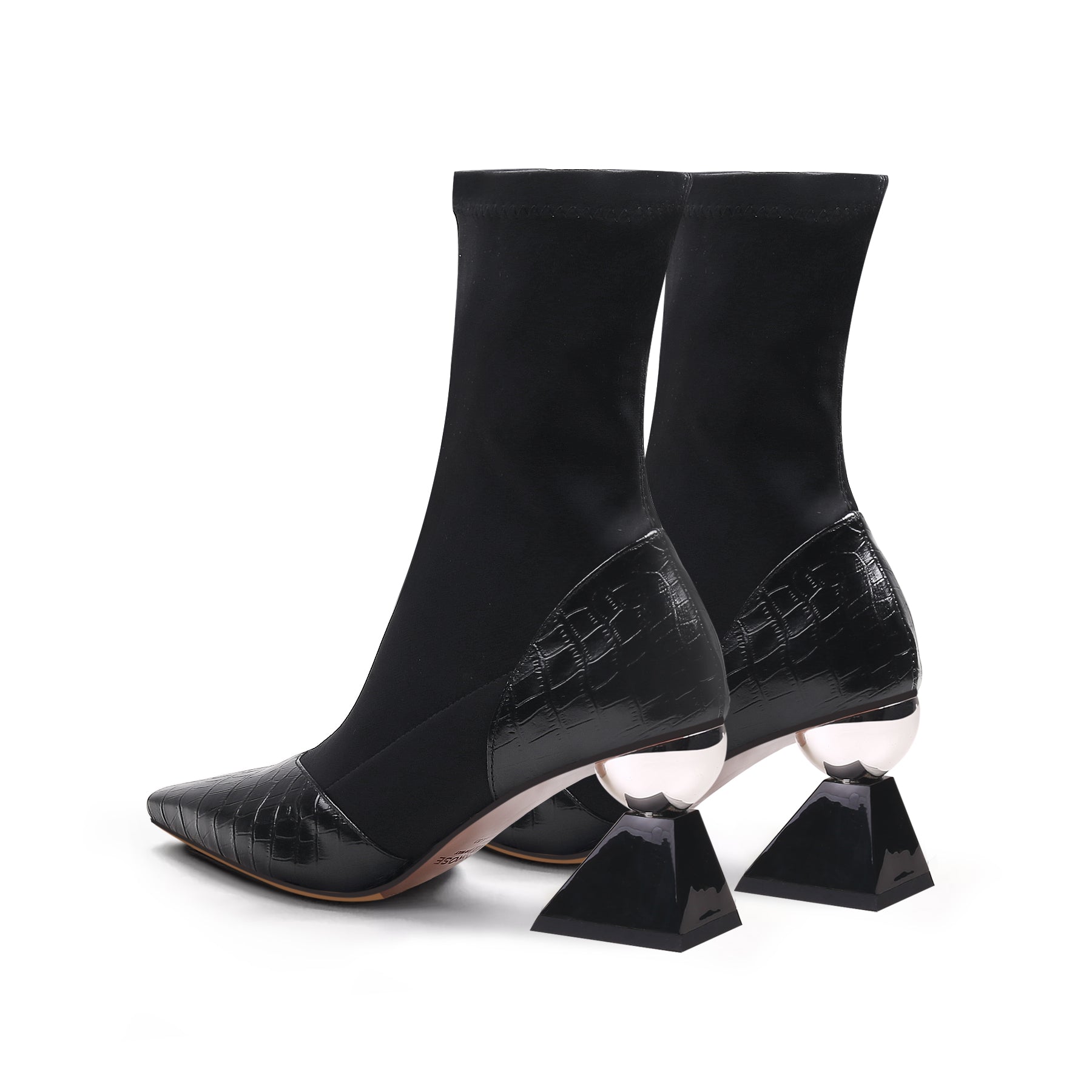 JADY ROSE | BLOCK HEEL CROC PATTERN LEATHER SOCK BOOT - BLACK