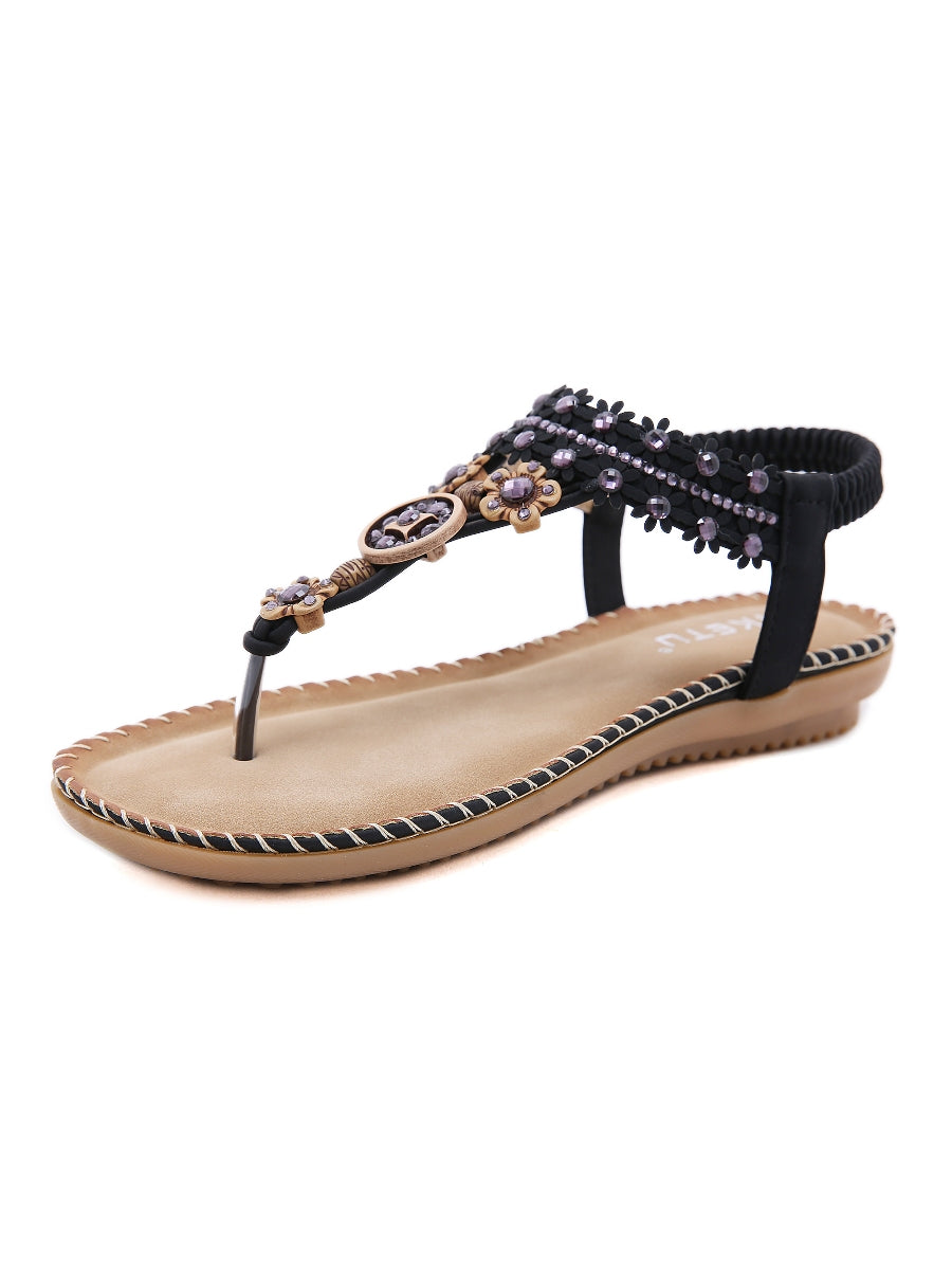 SIKETU | BLACK FLORAL-ACCENT RHINESTONE SANDAL