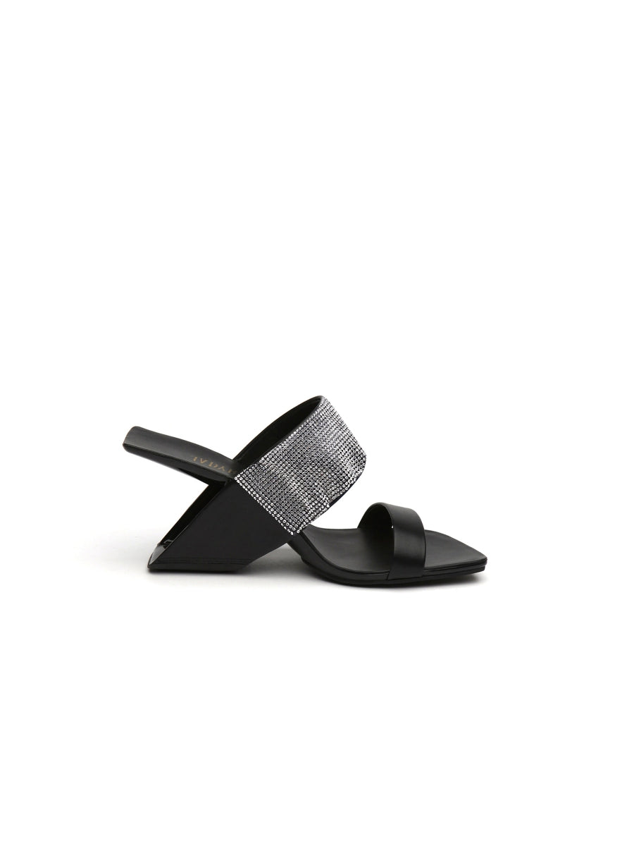 JadyRose | KARINA Rhinestone Black Leather Wedge Sandal