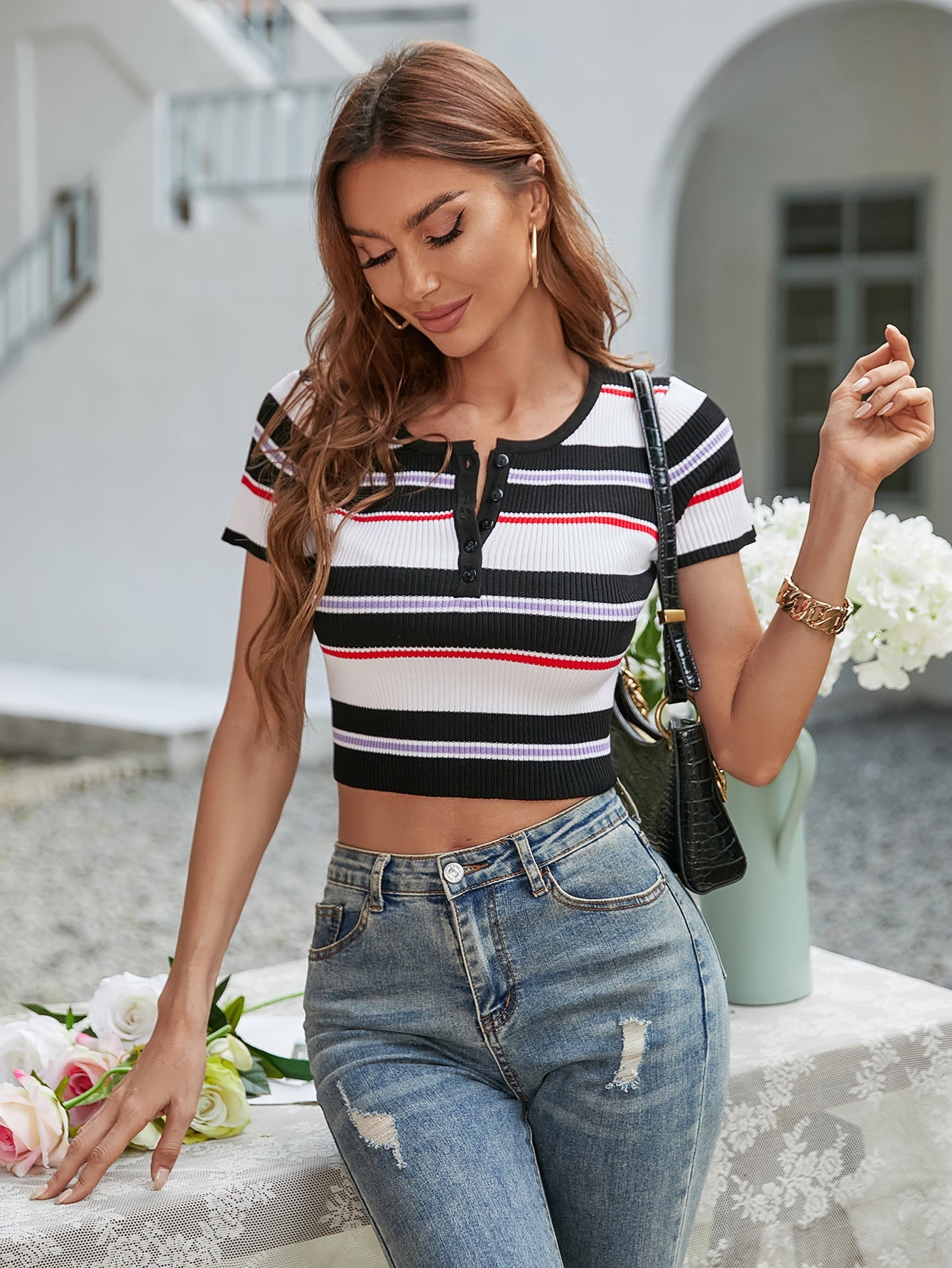 MINDIE KNIT CROP TOP - BLACK STRIPE