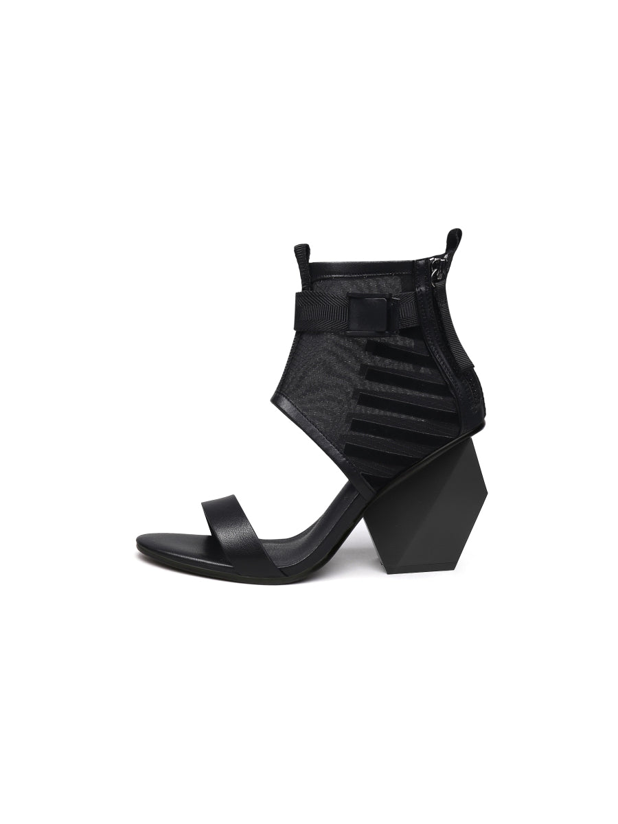 JadyRose | NOTEPAD Mesh Upper Leather Heel Sandals - Black