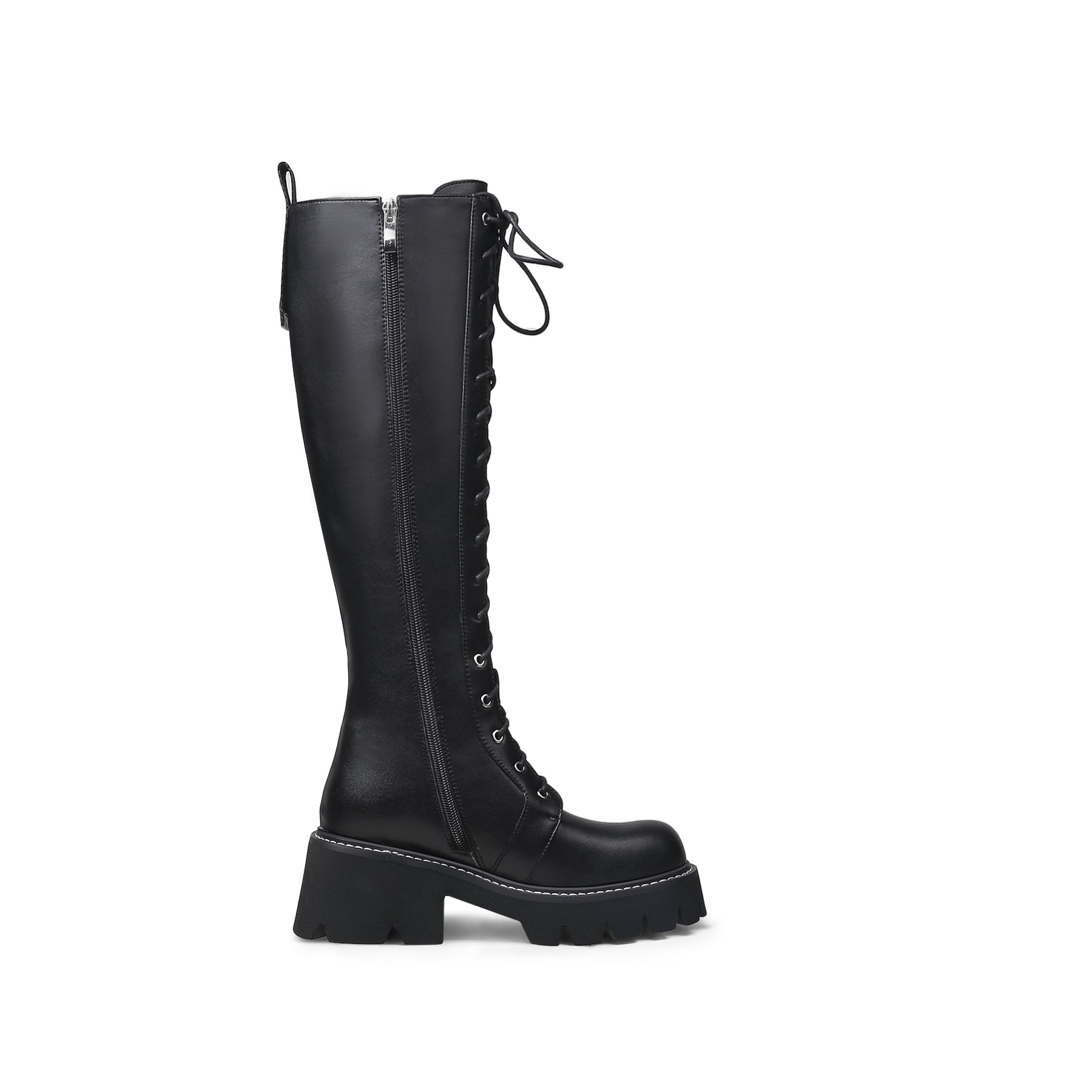 JADY ROSE | LUG SOLE LACE UP KNEE HIGH LEATHER BOOT - BLACK