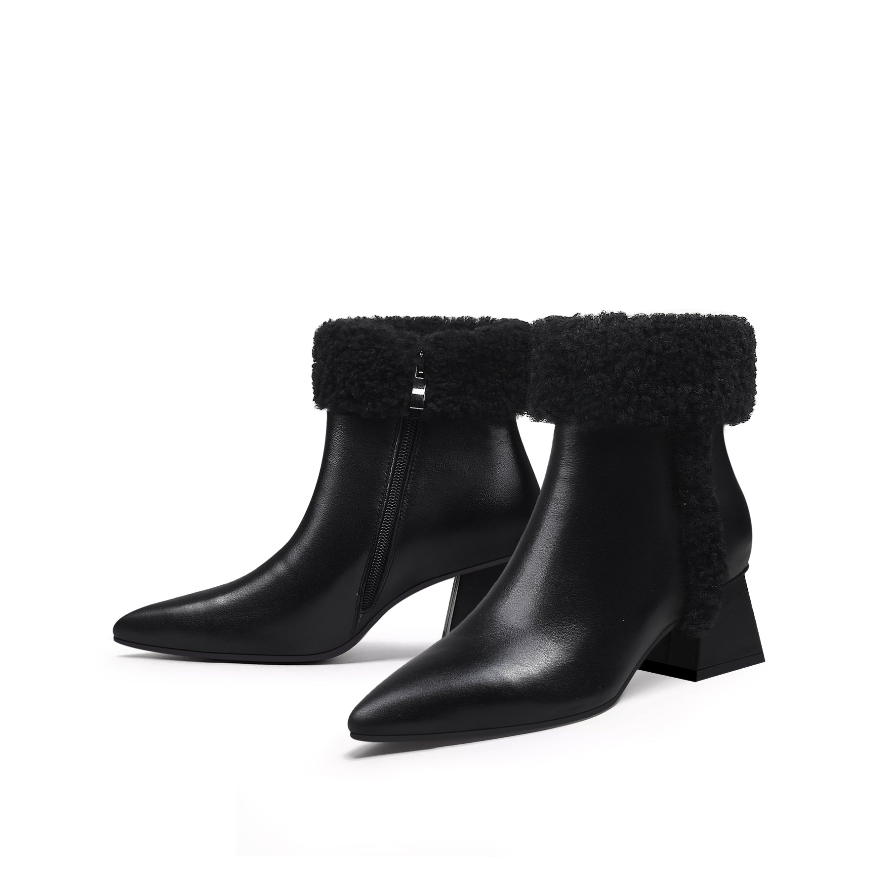 JADY ROSE | WOOL TRIM BLOCK HEEL LEATHER ANKLE BOOT - BLACK