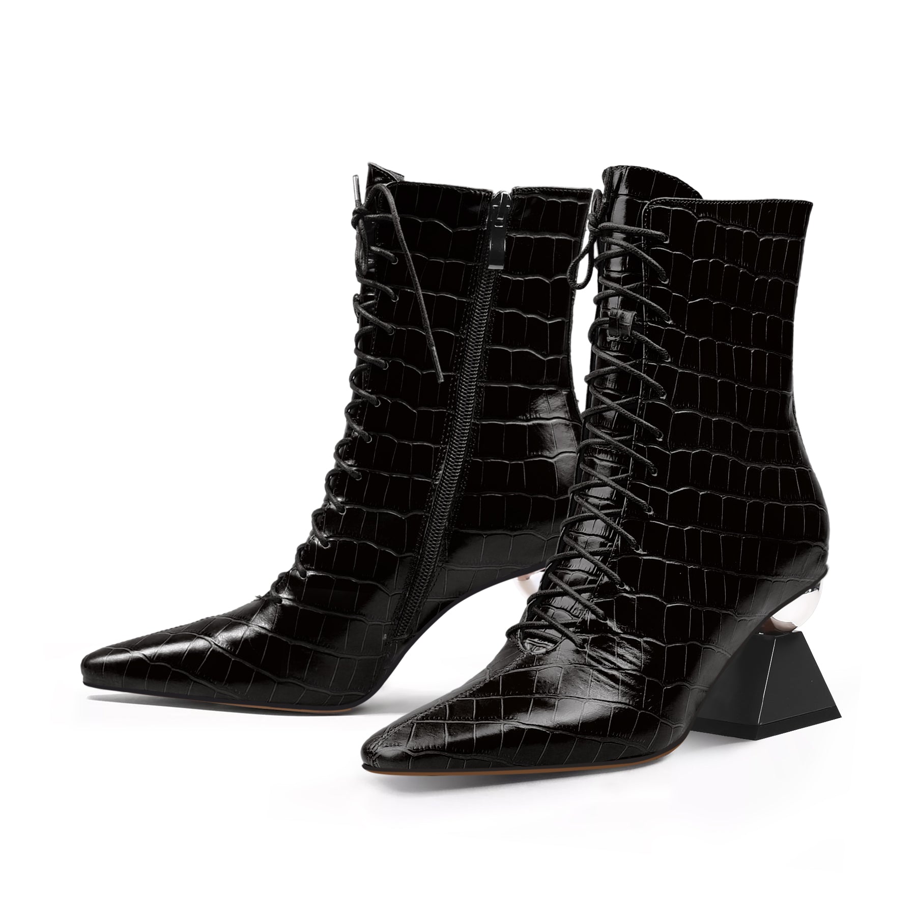 JADY ROSE | CRYSTAL HEEL CROC EMBOSSED LEATHER BOOTIE - BLACK