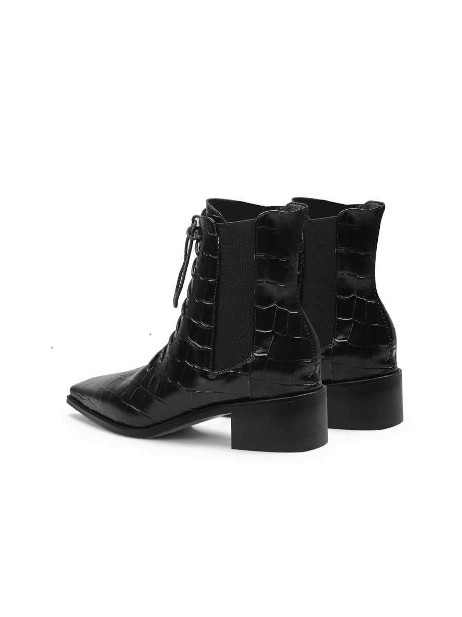 JadyRose | Croc-Embossed Lace-Up Black Chelsea Boot