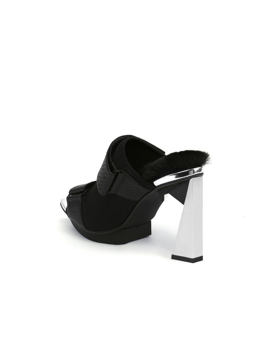 JadyRose | Faux Fur Back Heel  Peep-Toe Sandal - Black