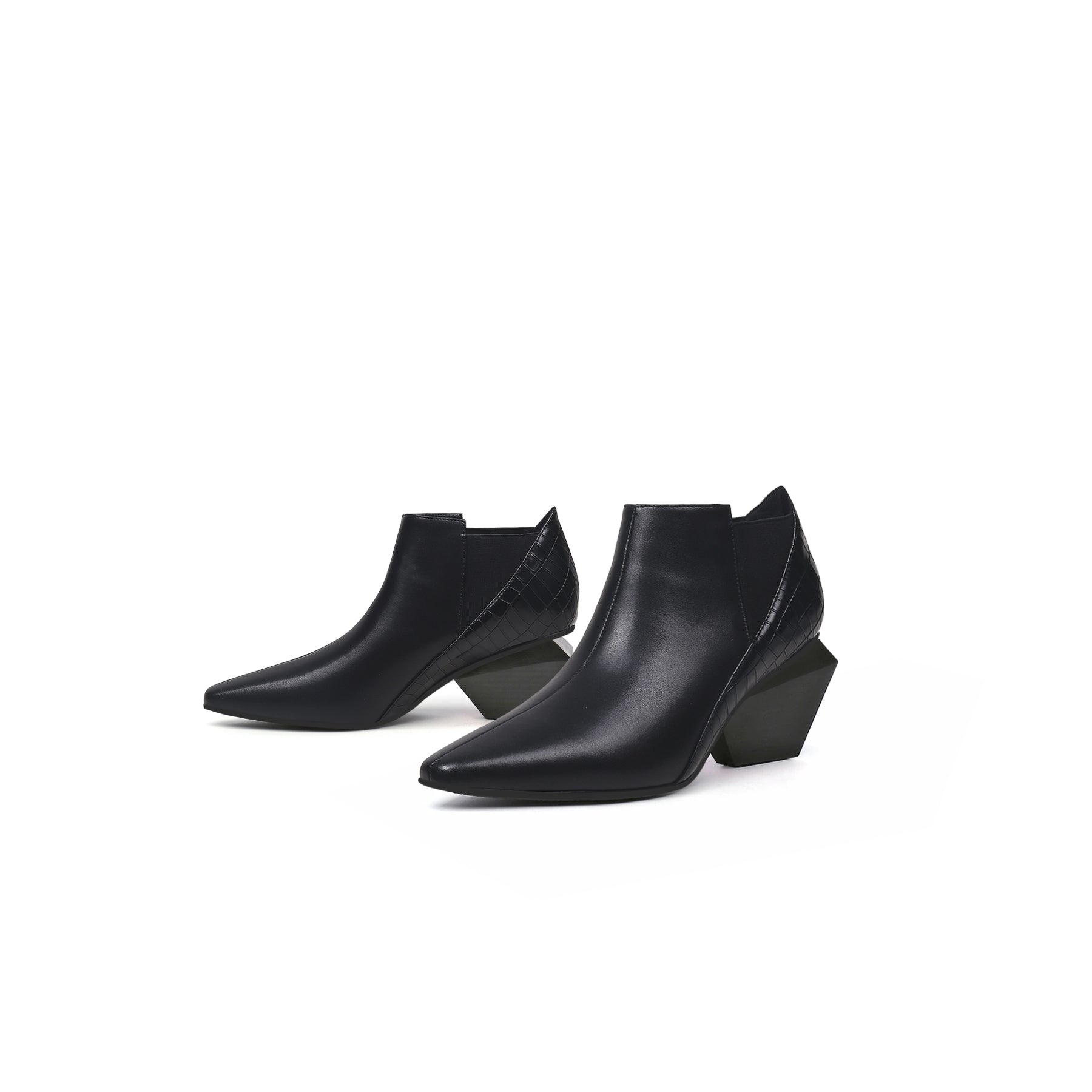 JADY ROSE | GEOMETRY-HEEL LEATHER ANKLE BOOT BLACK