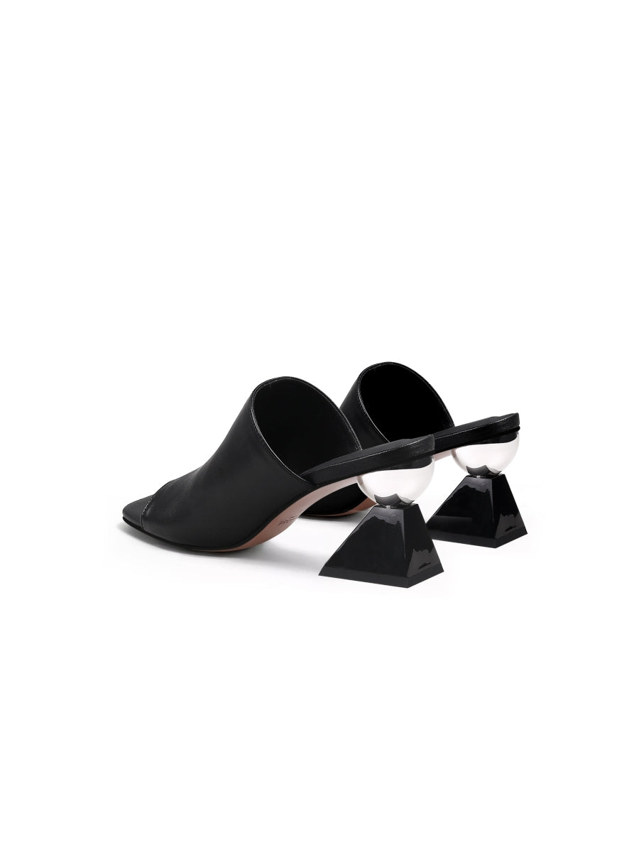 JadyRose | Black Triangular-Crystal Mid Heel Leather Open Toe Mules Sandals