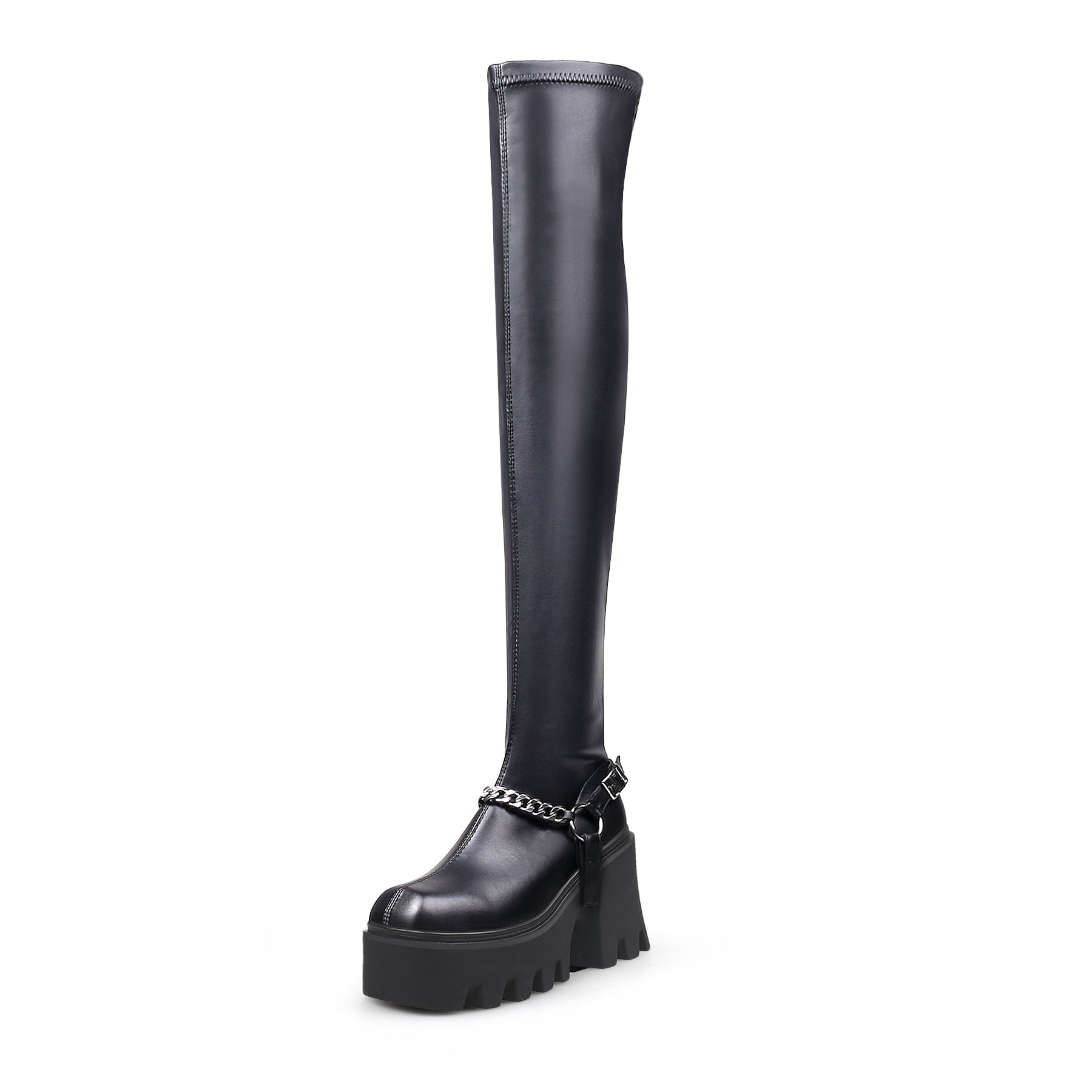 JADYROSE | BLACK LEATHER CHAIN STRAP OVER KNEE  BOOT