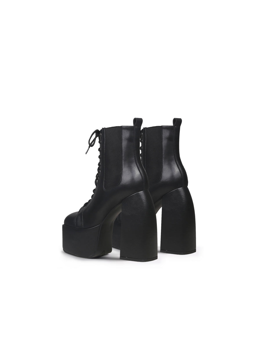 JadyRose | Genuine Leather Chunky Heel Lace-Up Black Platform Chelsea Boots