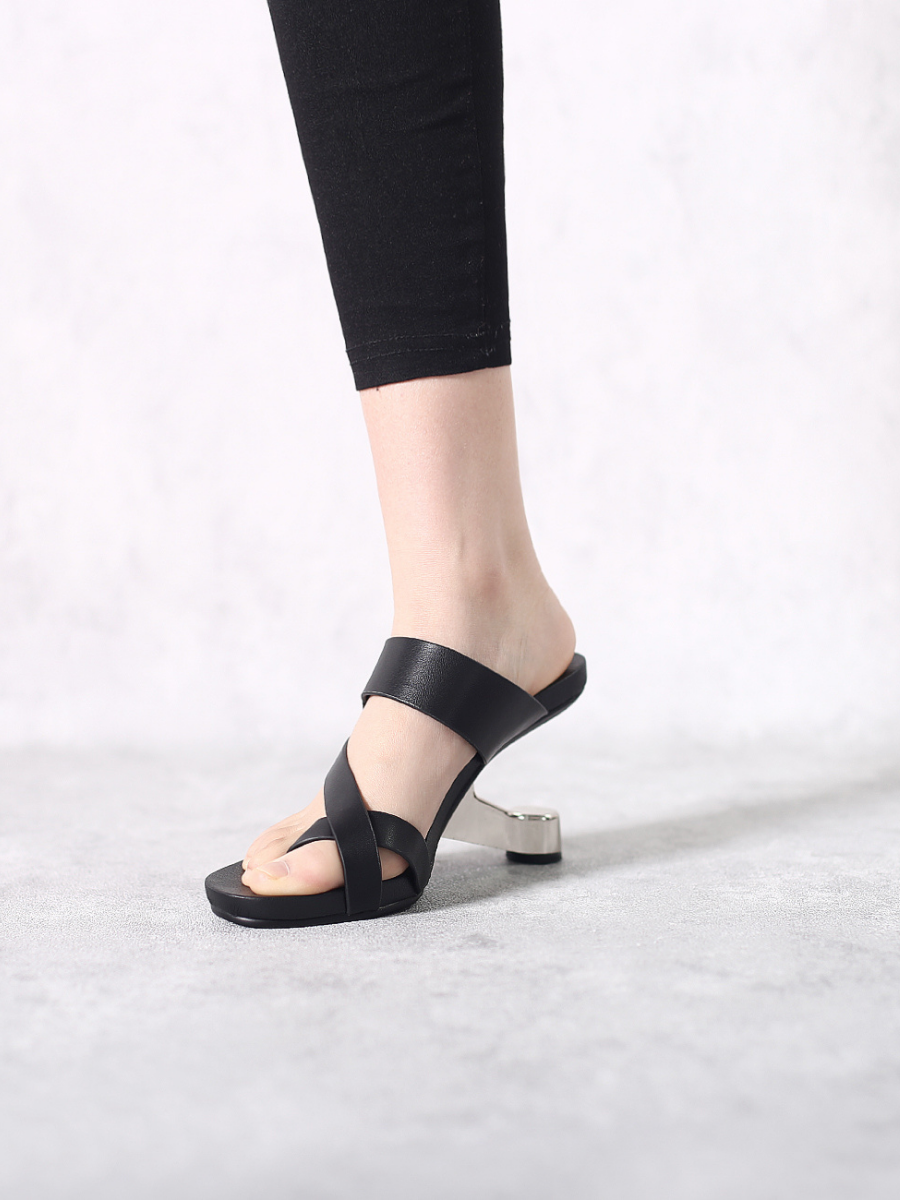 JadyRose | Black Criss-Cross Toe Elevator Heel Leather Slides