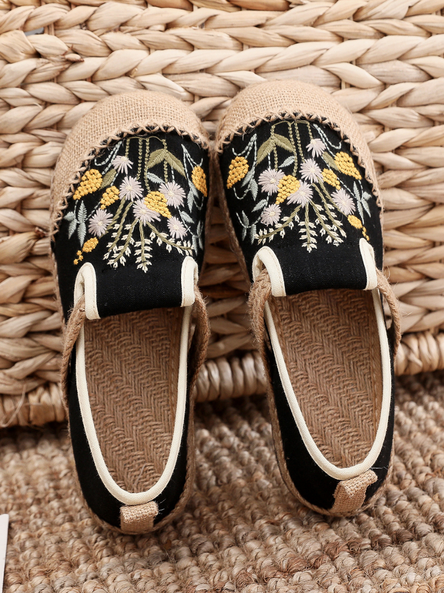 Cactus Rose | Field Corn Embroidered Linen Round Toe Espadrilles Loafers - Black