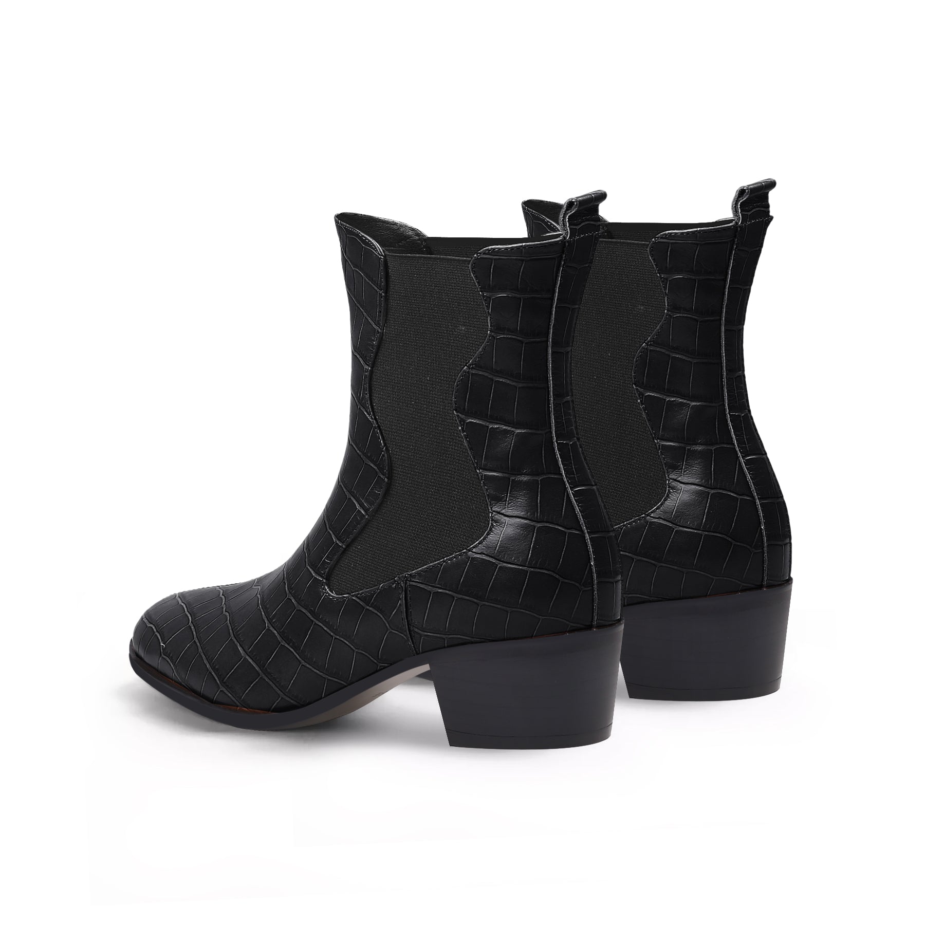 JADY ROSE | BLOCK HEEL CROC PATTERN LEATHER CHELSEA BOOTIE - BLACK