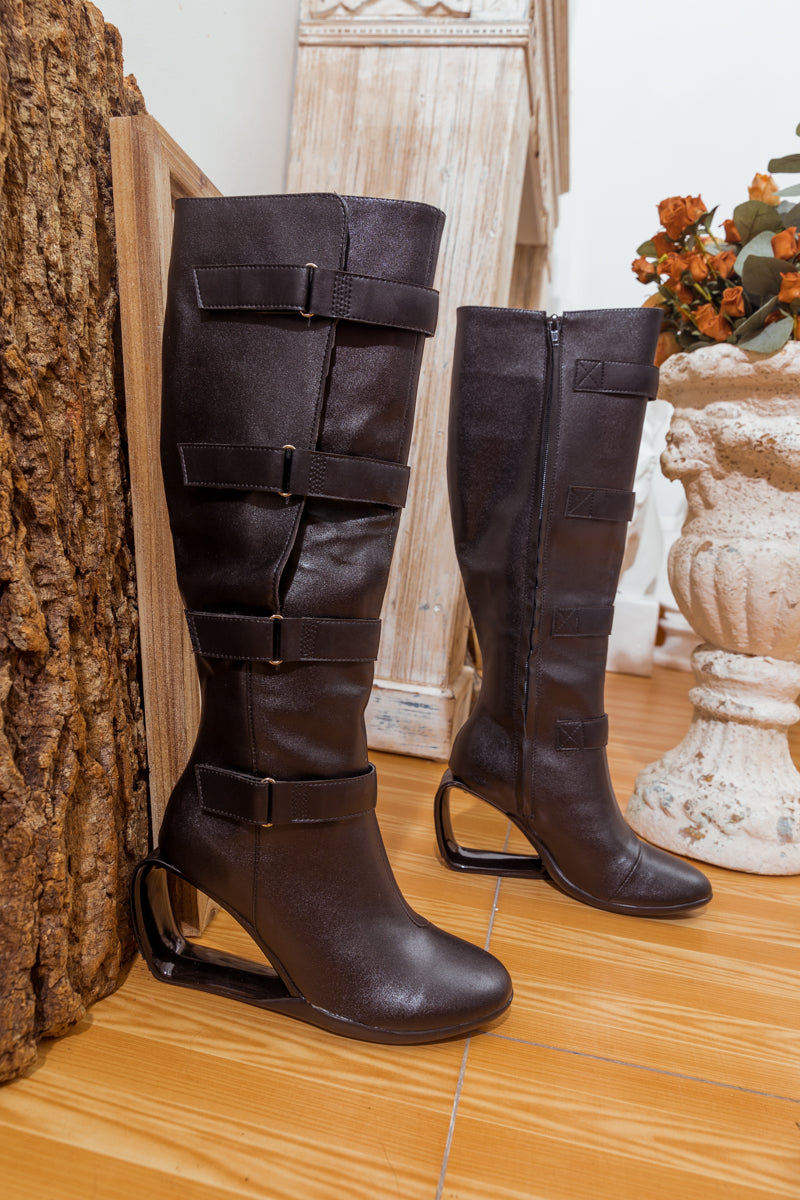 Jady Rose | Strappy Buckle Elevator Heel Knee-High Leather Boot