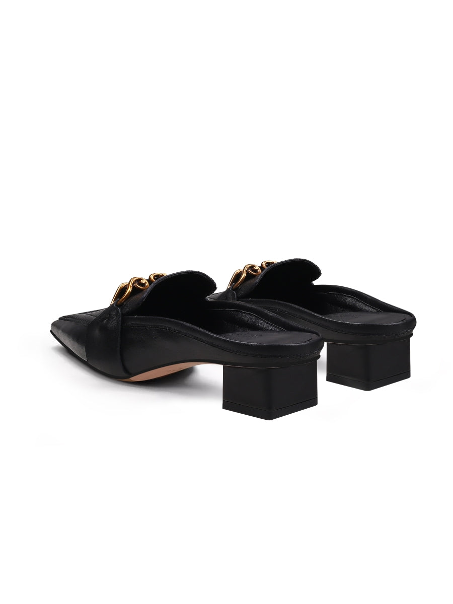 JadyRose | Genuine Leather Golden Lock Chain Mules Sandals - Black