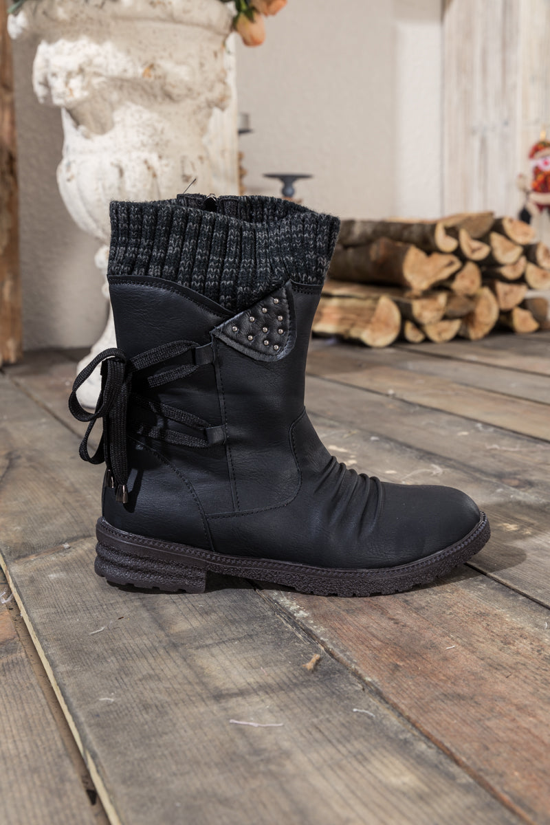 En Bloom | Black Ruched Back Tie-Accent Flat Comfy Combat Boots