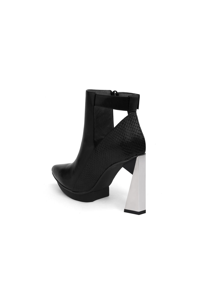 JadyRose | Triangled Heel Cut Out High Heel Leather Boots - Black